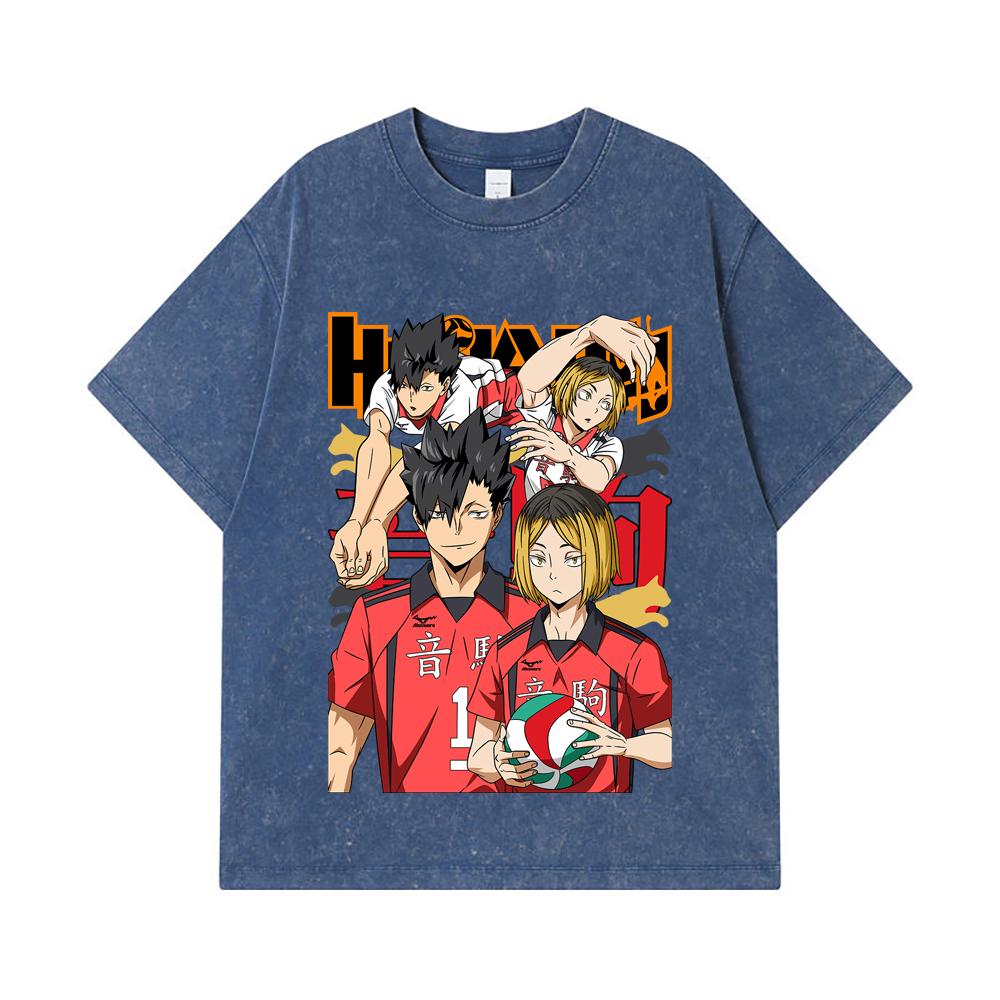 

275 GSM Washed T-shirts 100% Cotton Haikyu V6 Print Unisex Heavy Cotton T Shirt 2XL королівський синій колір