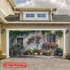 2D Spring Blooming Garden Garage Door Banner, Rustic Stone Wall Backdrop