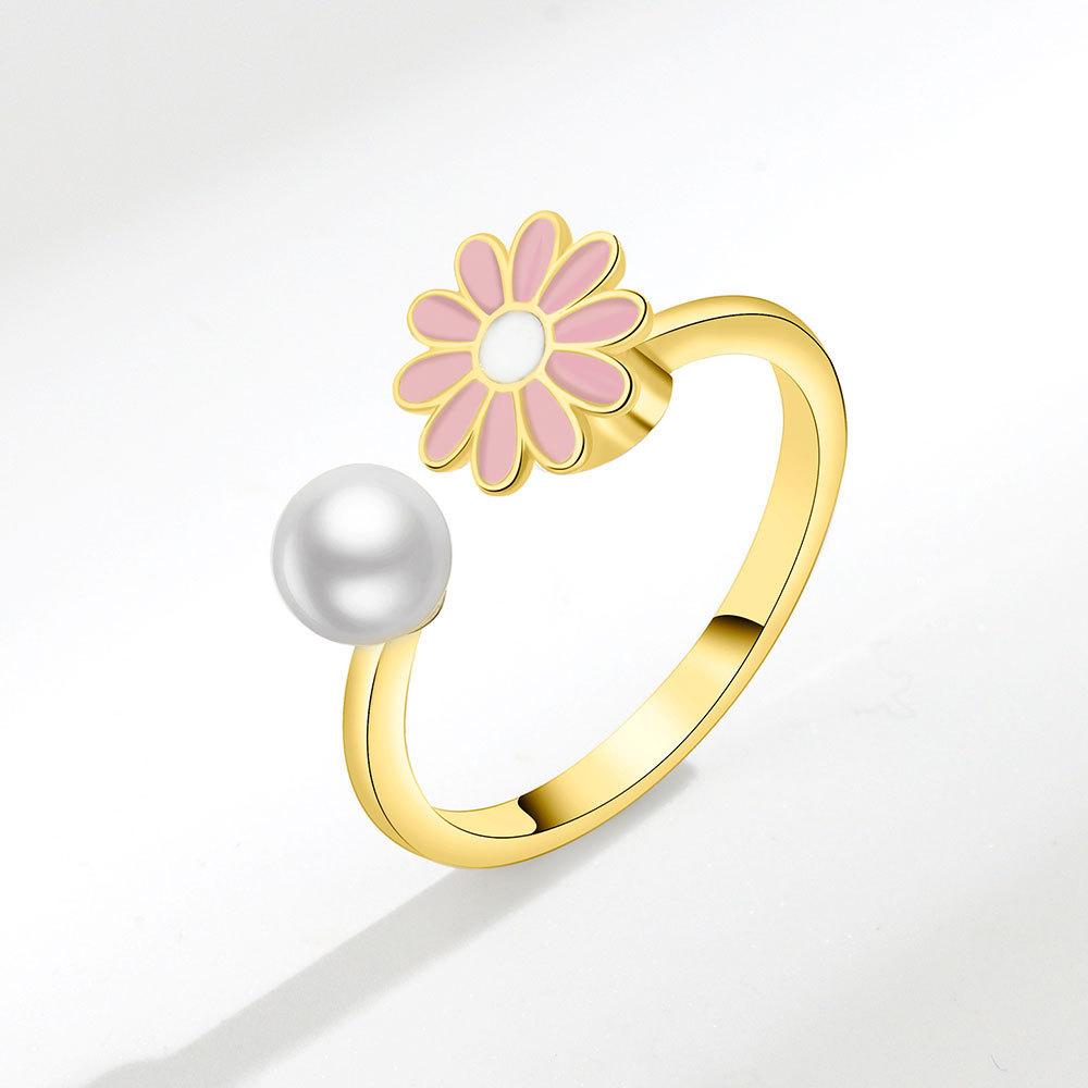 Small Daisy Adjustable Ring With Pearl Decor For Women Fashion Accessory