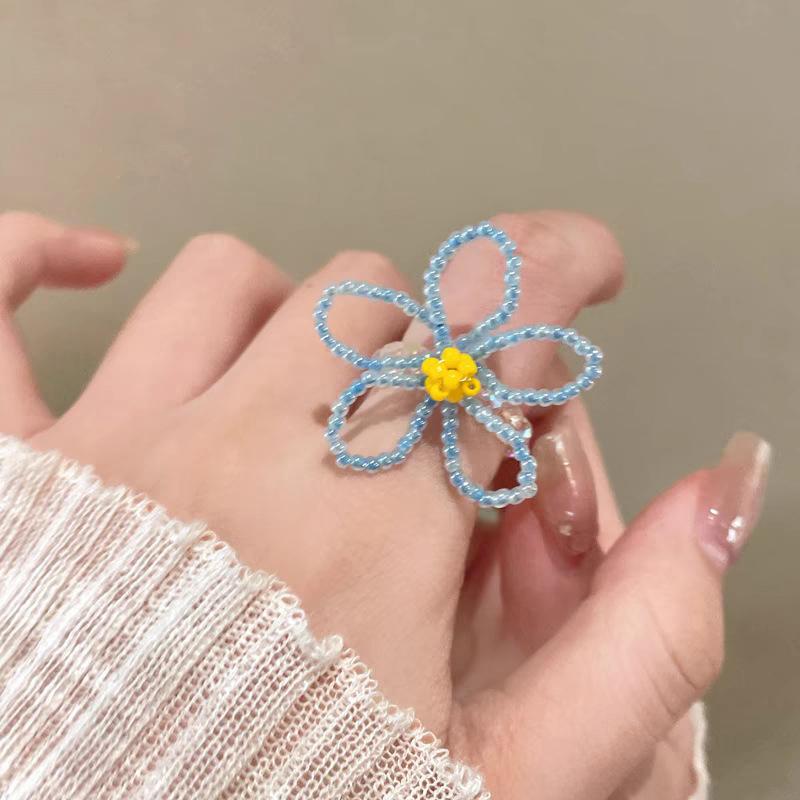 Colorful Beaded Flower Rings For Women Girls Korean  Sweet Large Flower Finger Rings Jewelry Aesthetic Y2K Accessories