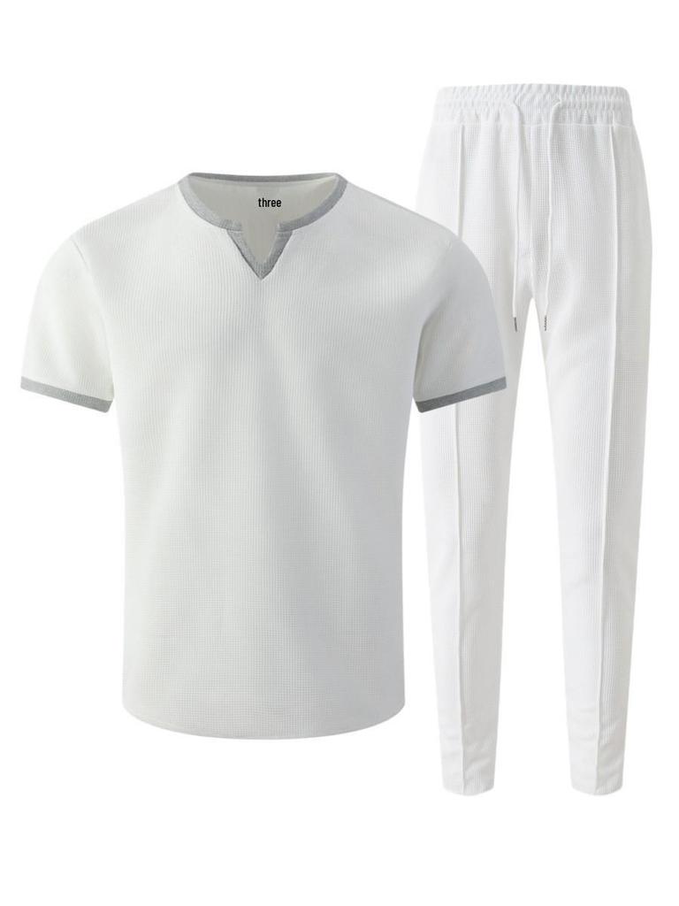 Men's Summer V-neck Waffle T-shirt & Long Pants Streetwear Sports Set