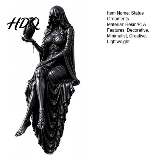 Statua Nera in Resina Stampata 3D/Resina Dama con Cappuccio Figura da Libreria Scultura Gotica Seduta