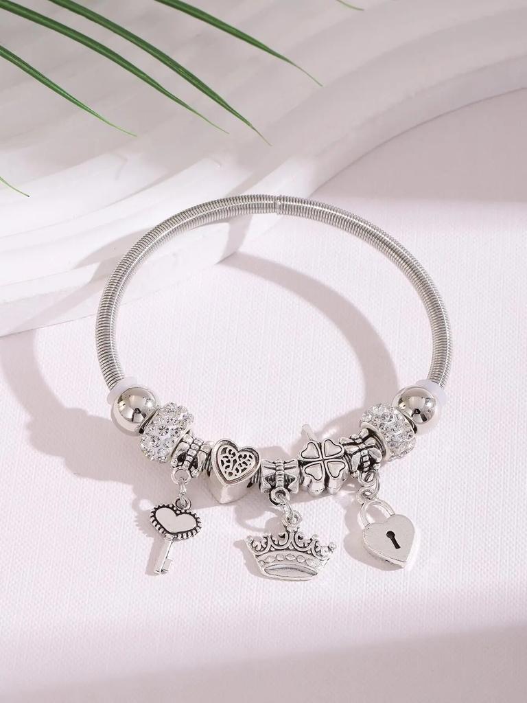 Obega Key Lock Crown Charm Bracelet Pink Glass Beads Elephant Bear Fatima Hand Clock Charm Bracelets Women Jewelry Love Gift