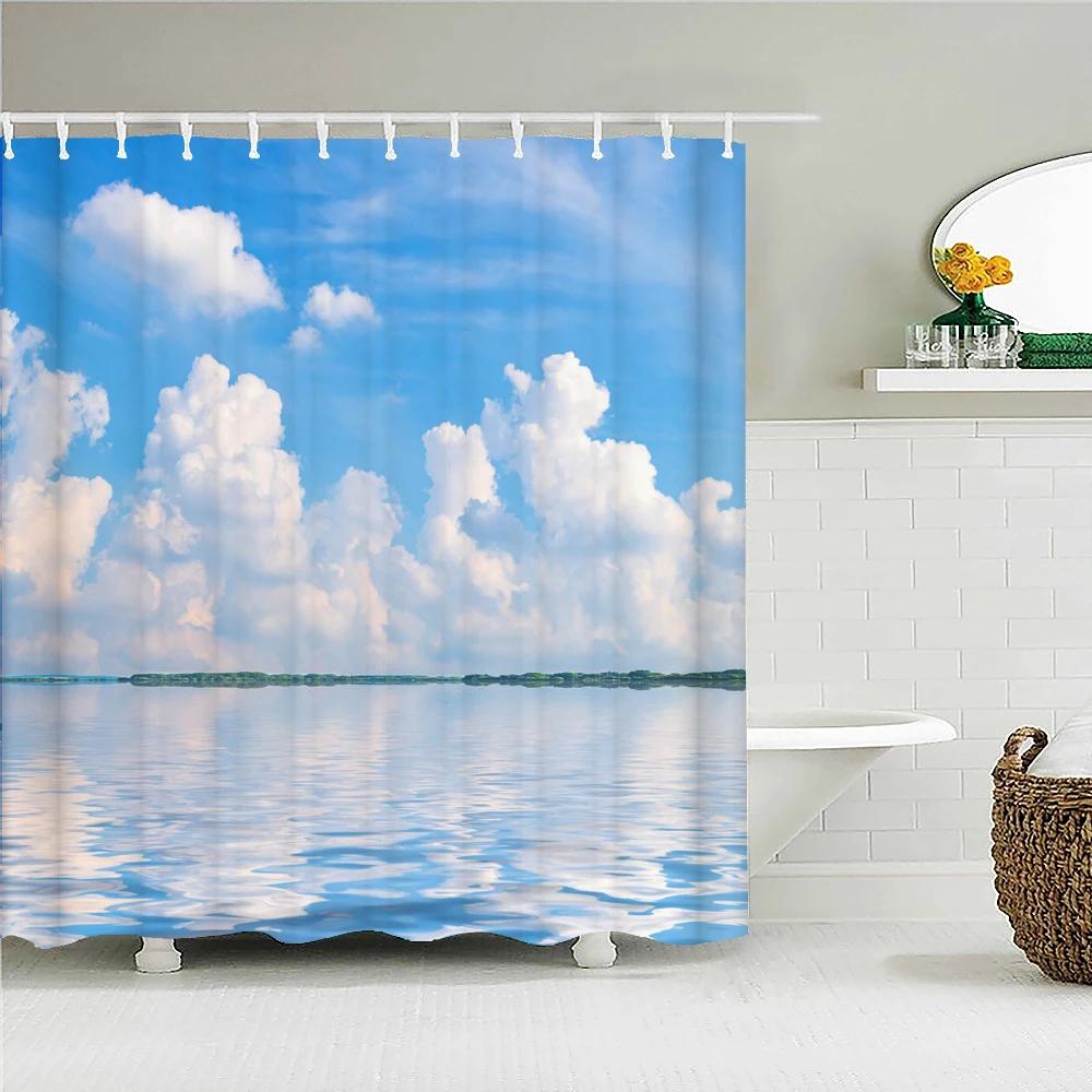 Solig Blå himmel moln Landskap Vattentätt Tyg Duschdraperi landskap Tryckta Duschdraperier för Badrum Dusch med Krokar