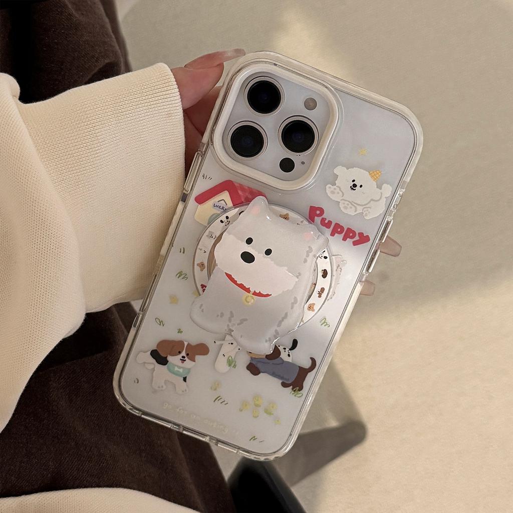 Cartoon Magnetic Suction Bracket 15Promax Cute Puppy IPhone 16 Mobile Phone Case 14 Suitable for 13 Anti Fall 12 Soft Cover