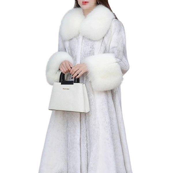 Women's Long Mink Coat with Fox Fur Collar - Casual and Warm Winter Fur Coat