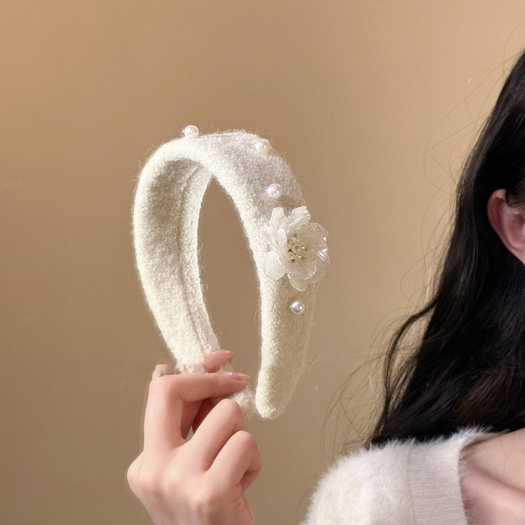 Flocking Fabric Flower Pearl Headband Autumn and Winter Retro Temperament Elegant High Skull Top Headband Hair Accessories