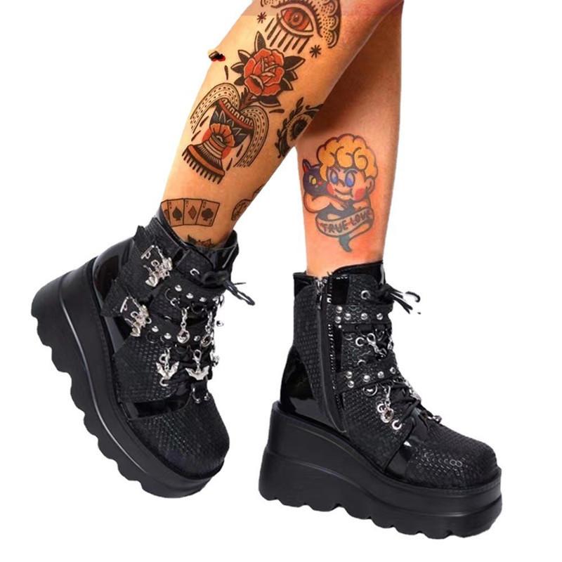 Thick-soled Women's Boots with Wedges, Bat Belt Buckle, Short Martin Boots for Women