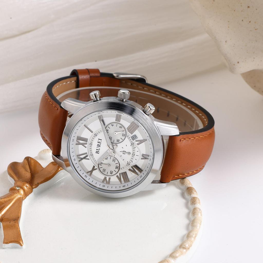 BUREI Analog Quartz Watch with Date Roman Brown Leather Business Day Gift Men's Display, Waterproof, Easy-to-Read Chronograph, Numerals, Strap,