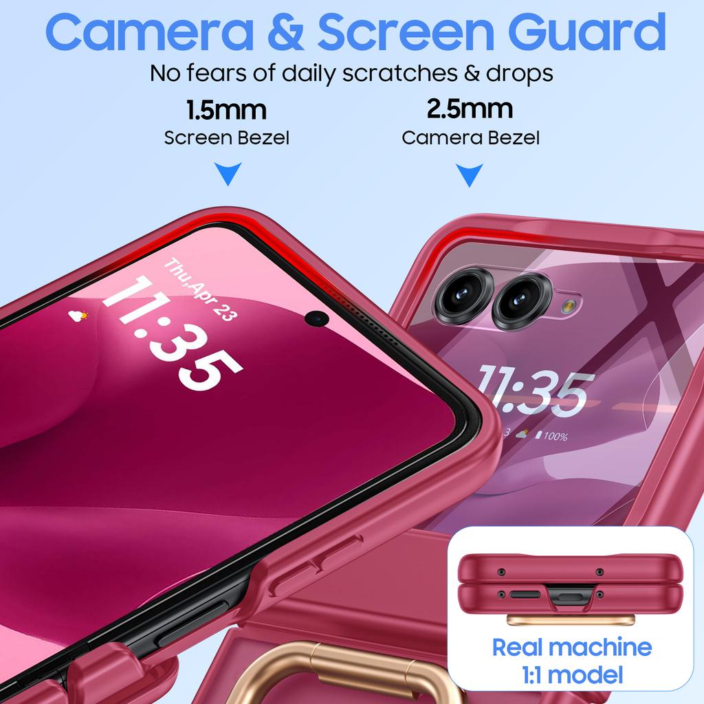 Für Motorola Razr Ultra 2025/Razr Ultra 2026 mit integriertem Displayschutz, Ringhalter, Scharnierschutz, Robuste Hülle, Durchsichtige Matte Abdeckung - Rosenrot