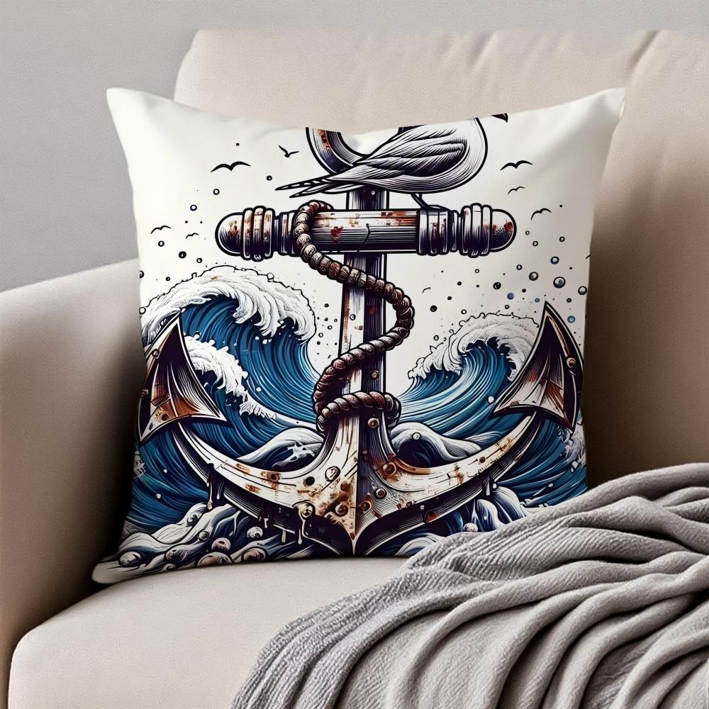 MMarine Theme Rudder Anchor Pillow Nautical Cushion Cover Pillowcase Antidustmite Invisible Zipper Short Plush Sofa Cushion