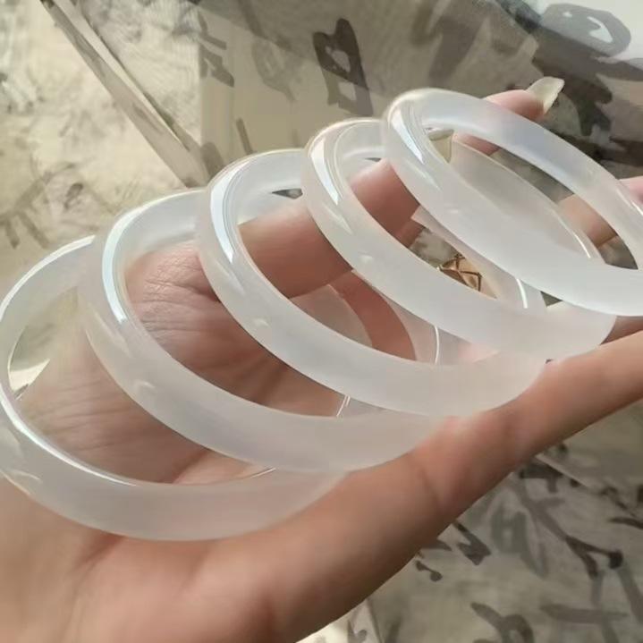 Natural Icy White Moonstone Chalcedony Jade Bangle for Girls - Lychee Jelly Agate Beauty