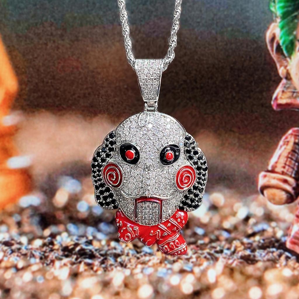 Horror Inspired Puppet Pendant Necklace Sparkling Multicolor Stone Hip Hop Statement Jewelry for Men Women