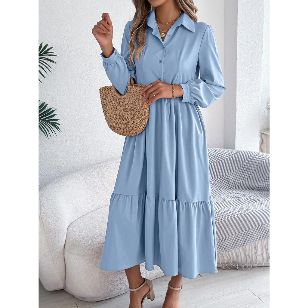 GMXIA Autumn and Winter Lapel Casual Loose Long-sleeved Ruffled Shirt Dress for Women