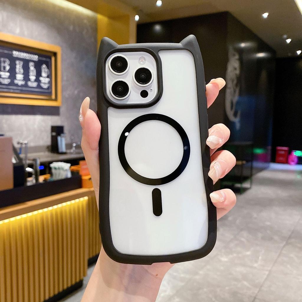 Cat Ear Magnetic Suction Suitable for Apple 16Pro Mobile Phone Case Transparent Iphone15 Silicone Acrylic Anti-fall Hard I14