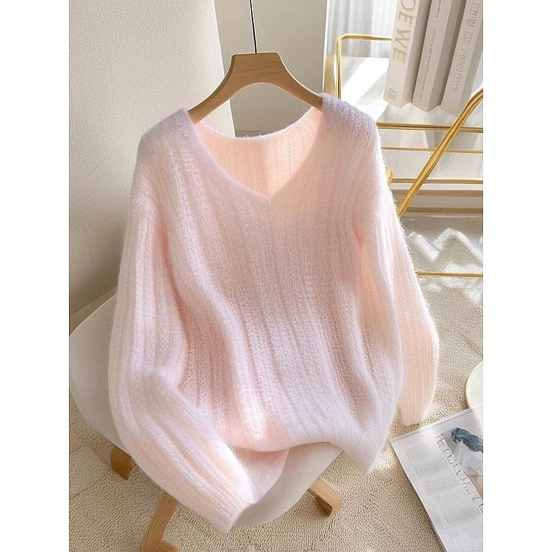 

Pink V-neck Sweater Idle Style Fancy Women s Spring French Style Unique Chic Beautiful Super Nice Knitting Tops Pink Knitwear S(Recommend 40.00 kg-50.00 kg)