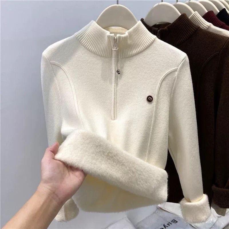 Autumn Winter Women's Thickened Stand Up Collar Sweater Half Open Collar Zipper Velvet Warm High Neck Pullover