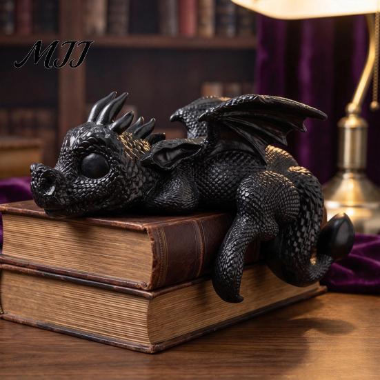 Reading Dragon Statue Sleeping Bookshelf Decor, Book Nook Figurine, Gothic Unique Gift for Fantasy Lovers Booksitter Ornament, Shelf Desk Bookend