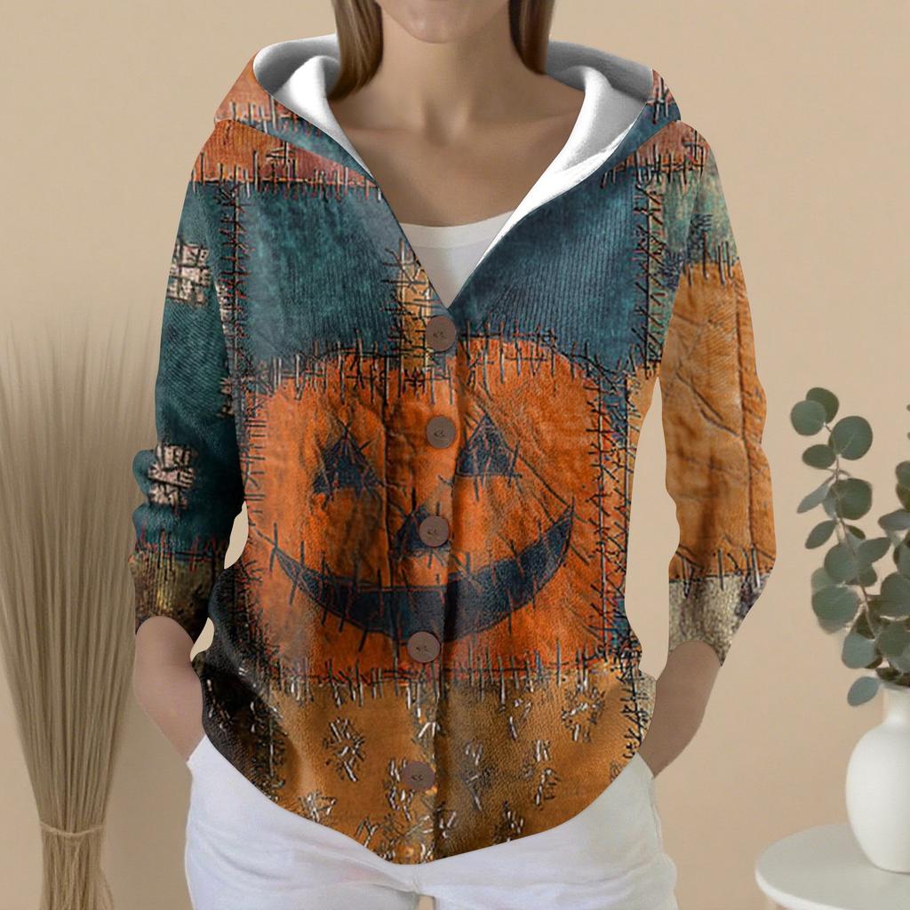Women's Fashion Casual Sweater Button-Up Print Cardigan  Hooded Jacket