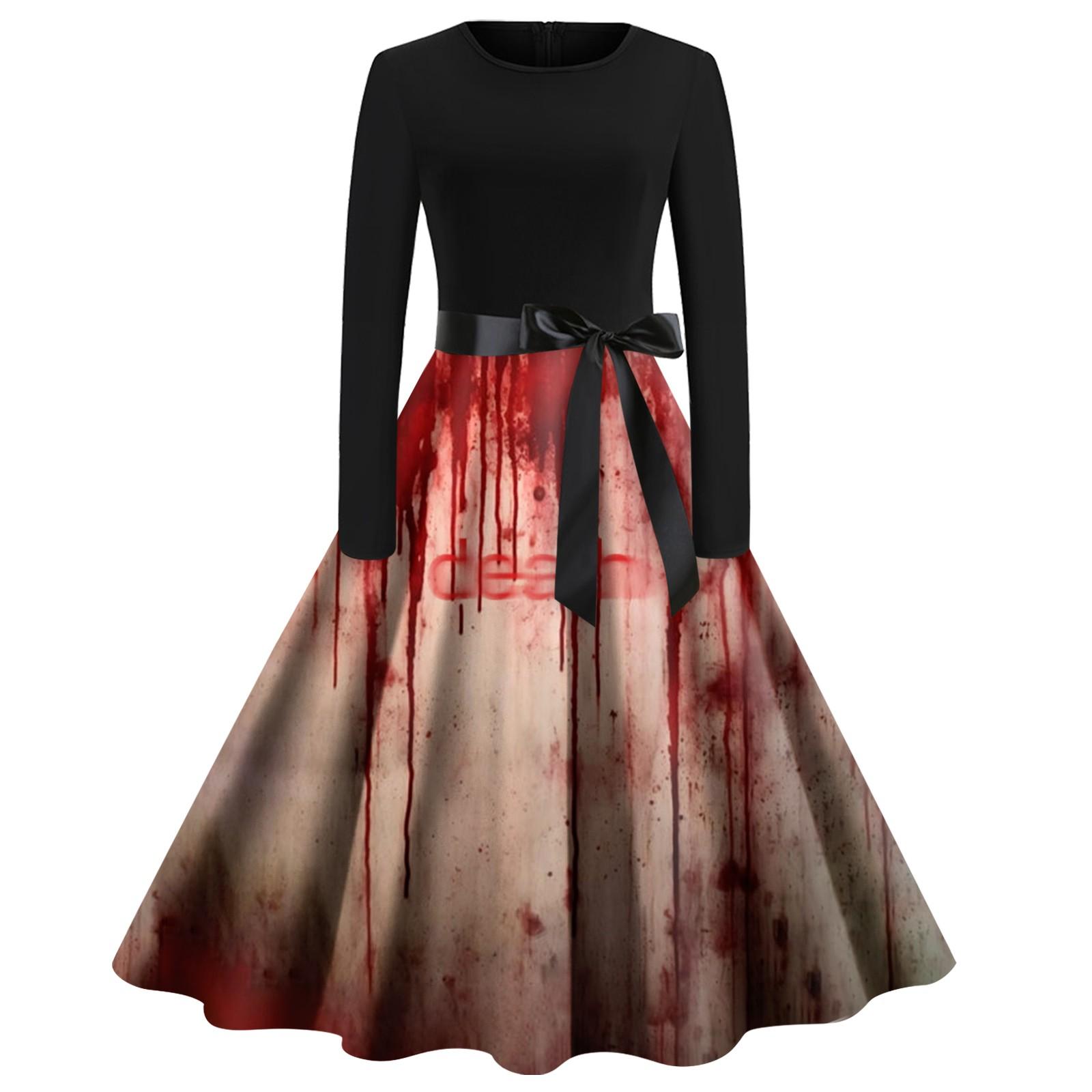 

Women Halloween Print Flare Dress Long Sleeve O-Neck Dress Party Casual Dresses S киноварь