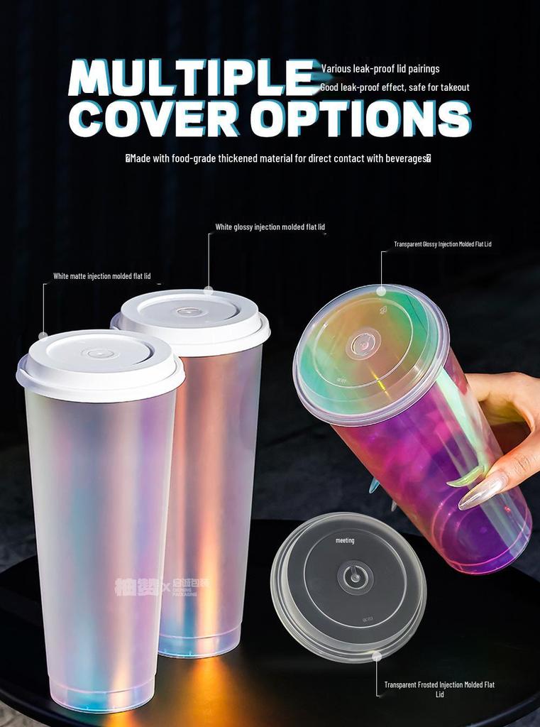 1L Disposable Rainbow Milk Tea Cup with Lid, 98mm Caliber, Colorful Laser Film Inner