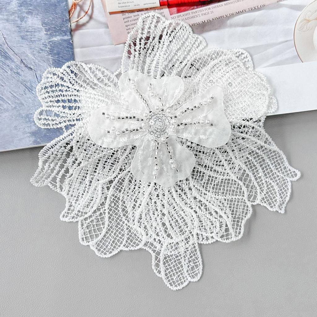 White Mesh Double-Layer Three-Dimensional Flower Bead Corsage Lace Clothing Wedding Dress Decorative Cloth Sticker