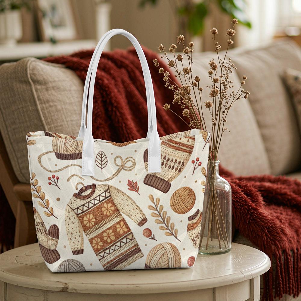 Autumn Cozy Knit Pattern Tote Bag Fashion Casual Large Capacity Daily Top Handle Handbag for Women