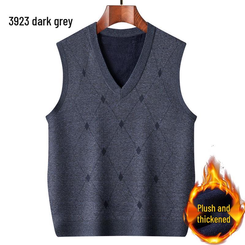 Dad's Fleece-Lined Sweater Vest: Warm Knitted Base Layer for Middle-aged and Elderly Men in Autumn and Winter.