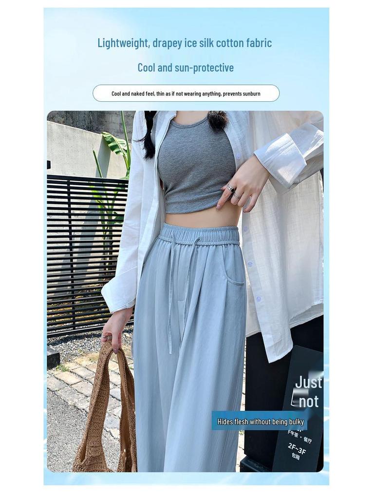 Women's Ice Silk High Waist Tencel Cotton Wide-Leg Pants - Summer Pink, Loose Fit