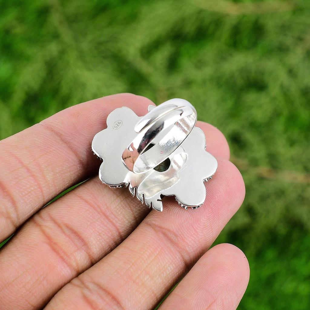 Natural Tibetan Turquoise Multi Stone Flower Adjustable Ring 925 Silver