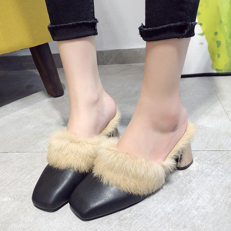 Women's Warm Furry Slippers Women's Shoes Winter Pointed Toe Luxury Furry Square Heel Women's Indoor Slippers