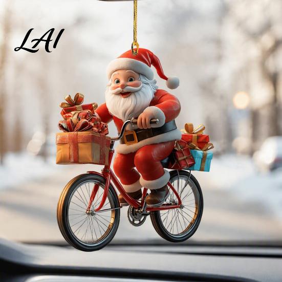 Christmas Atmosphere Decor 2Pcs Santa Riding Bicycle Acrylic Hanging Ornament Car Holiday Decorations Interior Rearview Mirror Charm Backpack