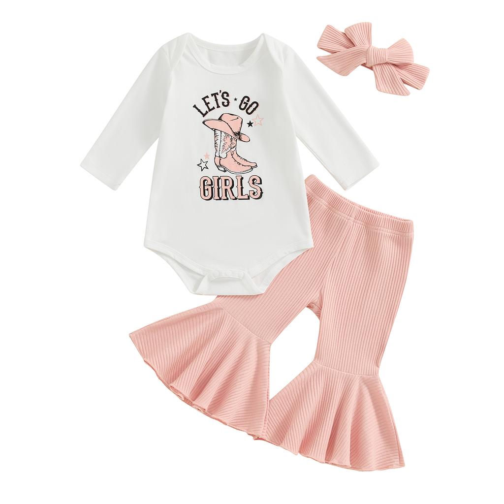 Baby Girls Fall Outfits Letter Print Long Sleeves Romper and Elastic Ribbed Flared Pants Headband Set 3 Piece Clothes