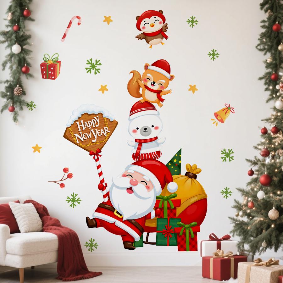 1pc Cartoon Santa Claus Wall Stickers, Removable PVC Holiday Decoration for Kids Baby Room Bedroom Nursery Decoration Wall Decal