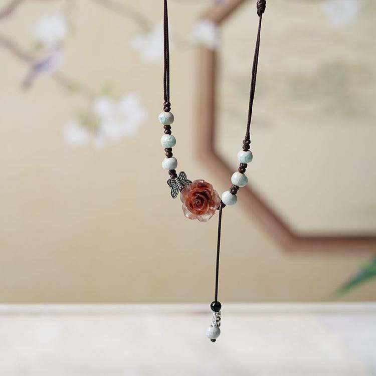 Retro Style Chinese Butterfly Clavicle Chain Adjustable Beaded Collar Chain Fashion Camellia Flower Ceramic Necklace