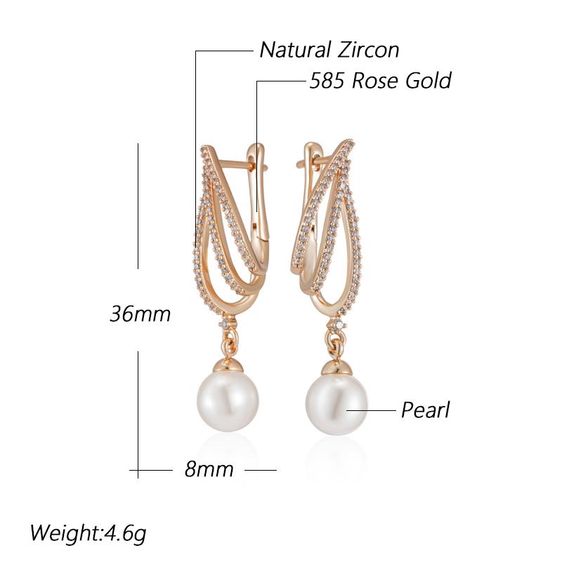 Unique Geometric  Rose Gold Pearl Long Drop Earrings For Women Shiny Natural Zircon Accessories Bridal Wedding Jewelry