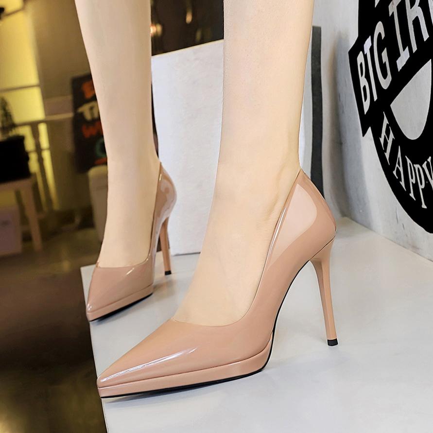 Fashion Banquet Women's Shoes with Fine Heels, Patent Leather, Shallow Mouth, Pointed Toe, Super High Heels, Waterproof Platform Shoes
