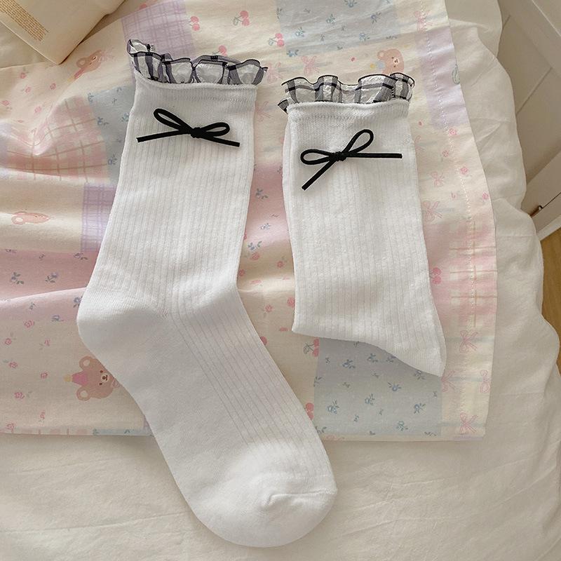 Słodkie skarpetki do połowy łydki z koronką w kratkę dla dziewczynek, cienkie, letnie, urocze dziewczynki, skarpetki frotte z kokardką, długie skarpetki