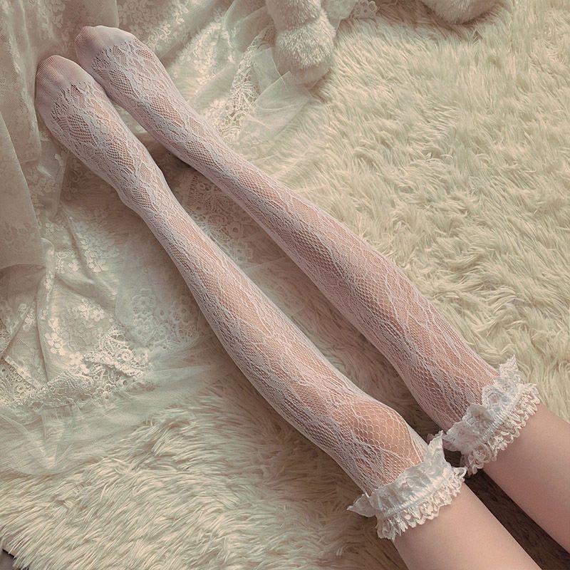 Lolita JK Lace Fishnet Stockings for Women Bow Hollow Soft Sweet Lolita Calf Socks Ballet Style Over The Knee Socks