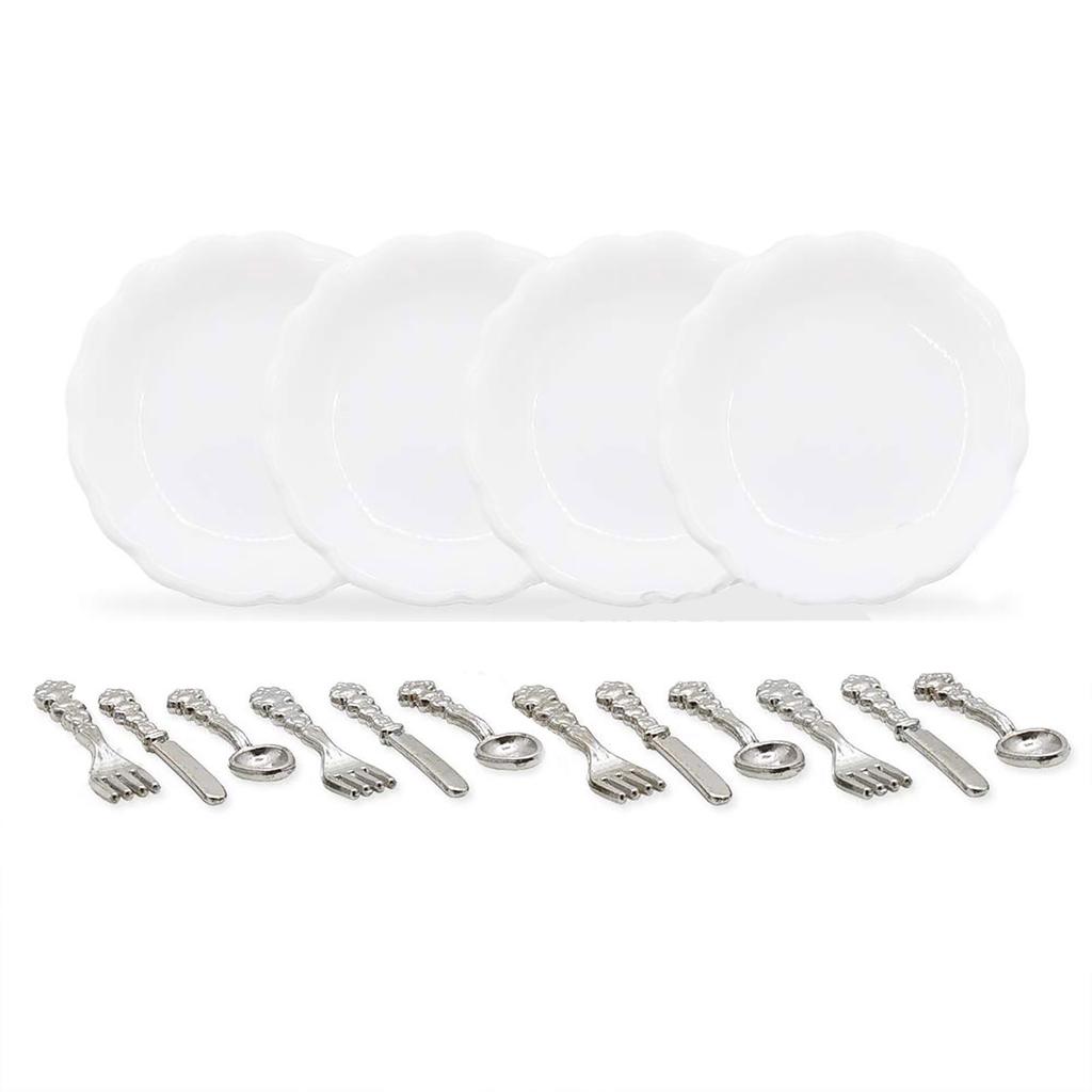 4Set Miniature Dollhouse Tableware Set for 1/12 Scale Dollhouse with Plates and Cutlery Set Dollhouse Decoration