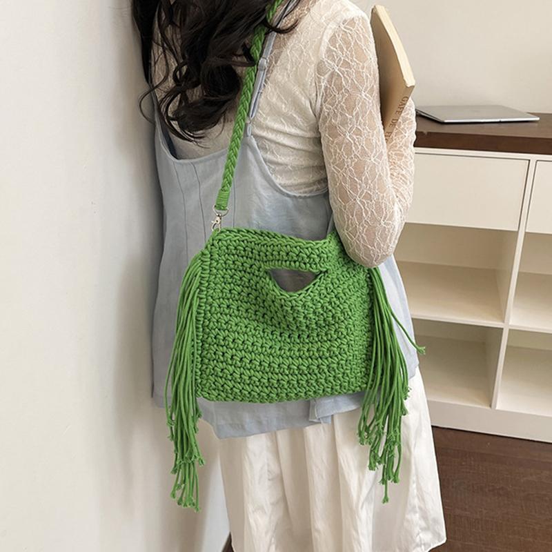 Yogodlns Knitted Tassel Bag New Summer Vacation Style Single Shoulder Diagonal Cross Woven Bag Fashionable Simple Women's Handbag