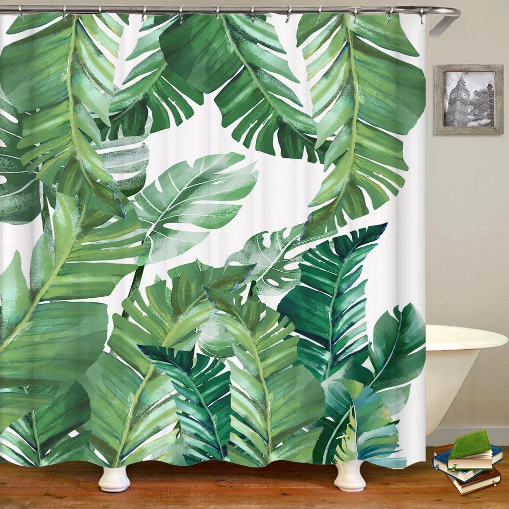 Green Plant Leaves Printed Shower Curtains Waterproof Polyester Curtain with Hook Decoration Bathroom Curtains 3D Shower Curtain