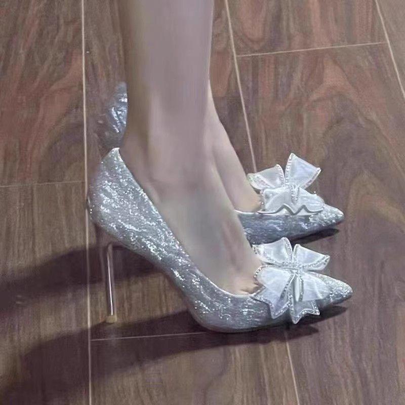High heels women's new silver wedding shoes rhinestone sequined bow stiletto 18-year-old adult gift shoes