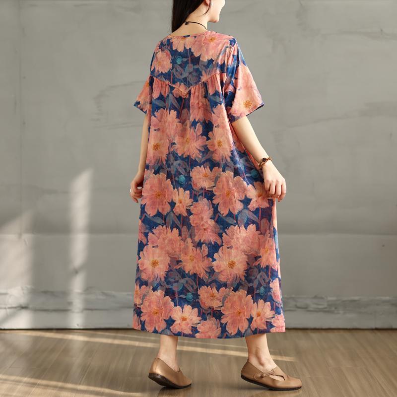 DIMANAF 2025 Plus Size Summer Dress Women Casual Vintage Long Dress Floral Printing Loose Shirt Dress Maxi