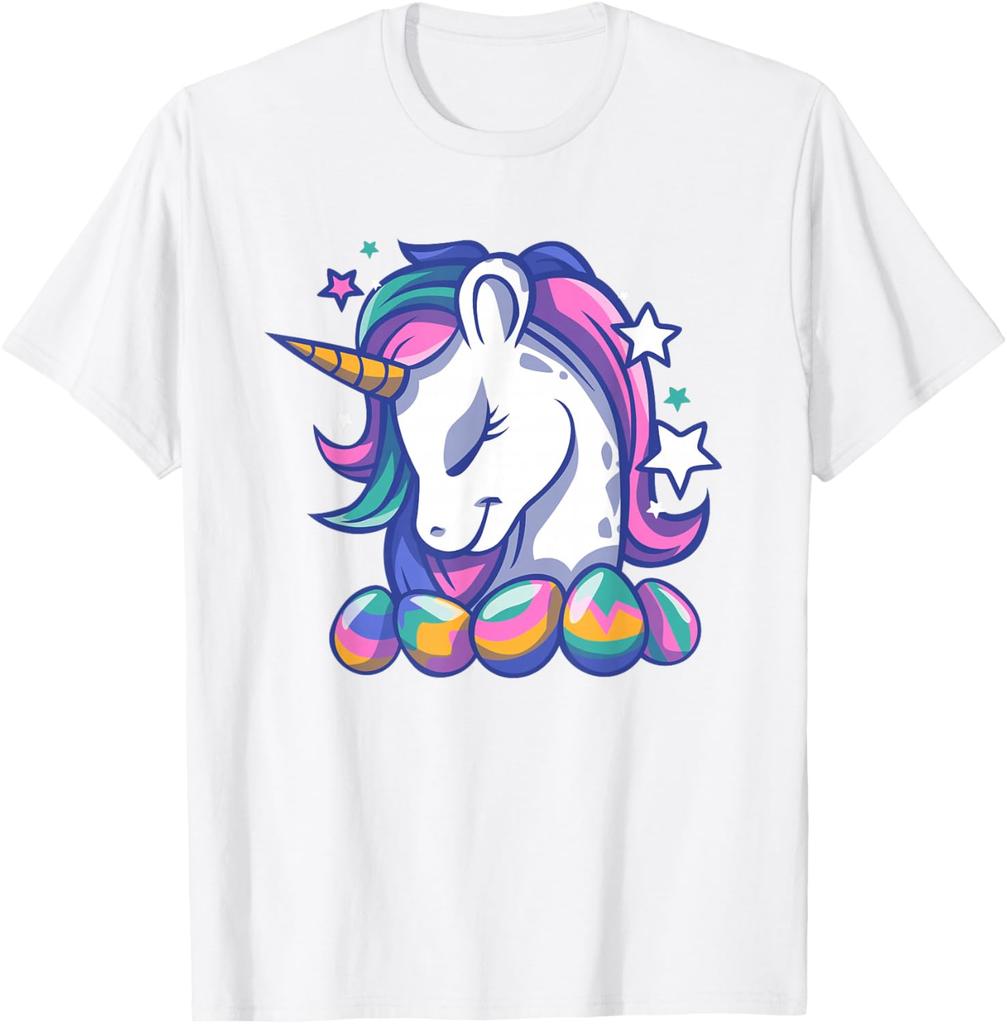 Easter Unicorn Rainbow Eggs Graphic Tee Casual Short Sleeve Cotton T-Shirt for Holiday Fun
