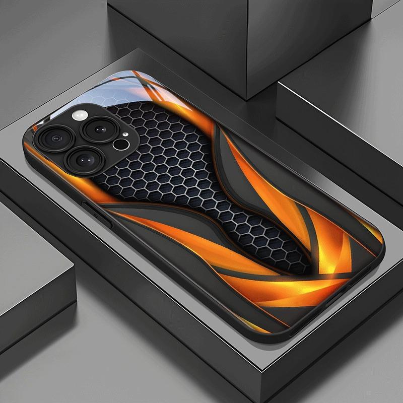 

Black Orange Honeycomb Pattern Tempered Glass Phone Case For iPhone 17 16 15 14 13 12 11 Pro Max 17 Air 7 8 Plus XS X XR Cover iPhone17 Pro