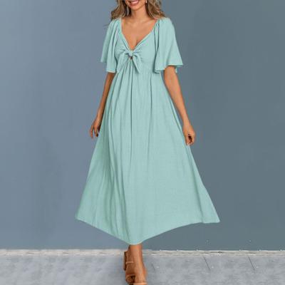 Damen-Sommerkleid, V-Ausschnitt, kurze Ärmel, lockere Schleife, A-Linie, lockere reine Farbe, mittellanges, atmungsaktives, weiches Strandurlaubs-Midikleid