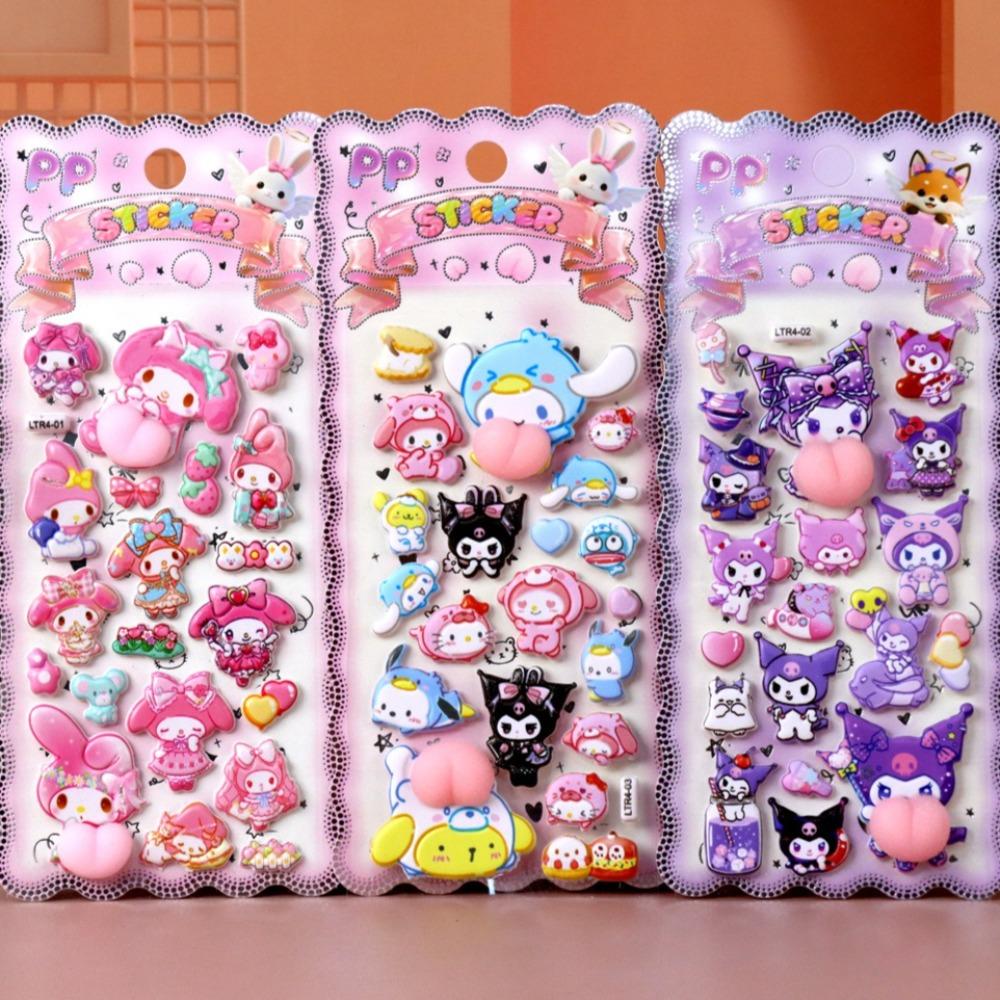 3pcs Funny Sanrio Happy Buttocks Stickers Kuromi Melody Creative Soft Pinched Decompression Toy Decals for Phone Notebook Laptop