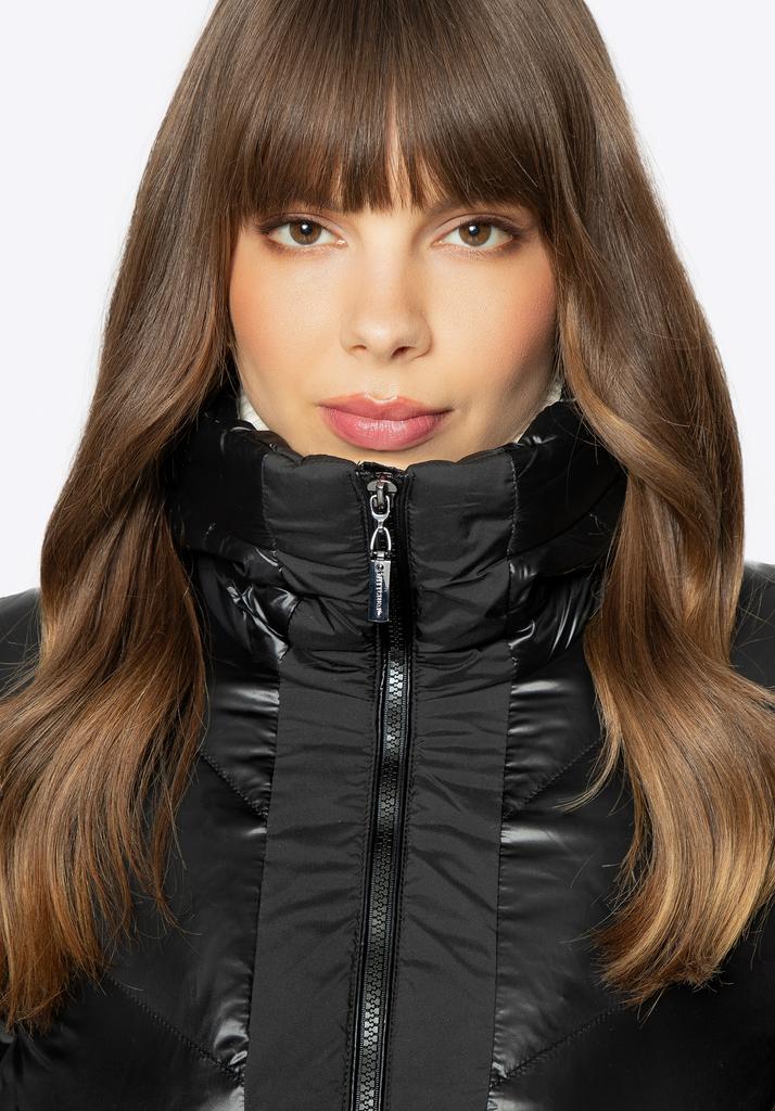 Manteau d'hiver matelassé pour femme Wittchen en matériaux combinés avec capuche, Nylon Noir