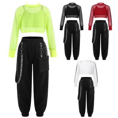 Kinder Mädchen 3 Teile/satz Sport Outfit Weste Aushöhlen Mesh Langarm Crop Top und Hosen für Hip-Hop Tanz Skateboarding